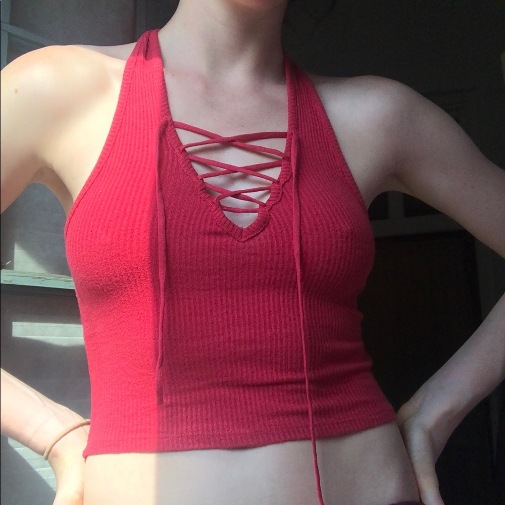 RED halter top with lace up front